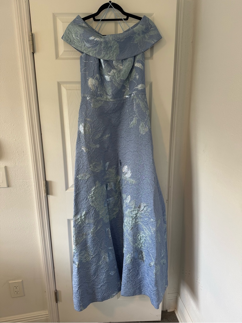 Teri Jon Pale Blue Floral Jacquard Off-Shoulder Maxi Dress